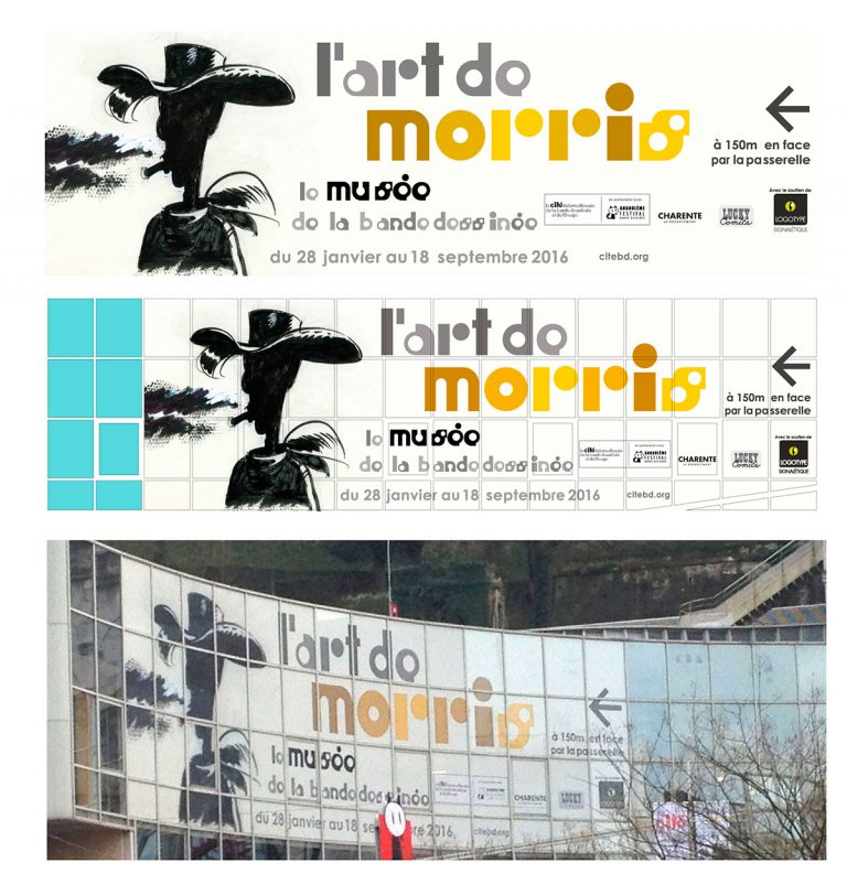 signalétique extérieure cover de l'exposition "L'art de Morris" de la Cité internationale de la bande dessinée et de l'image à Angoulême